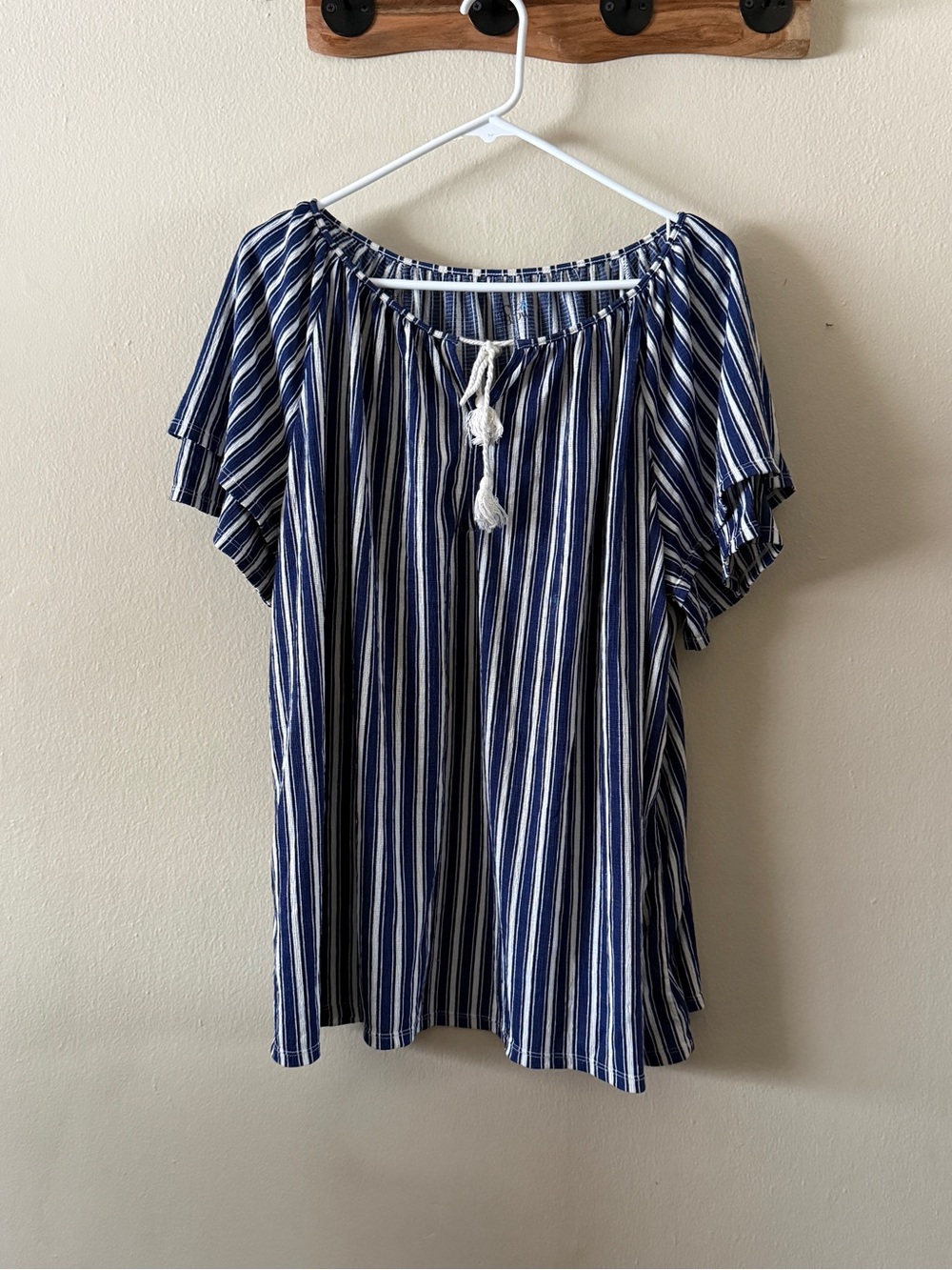 Croft & Barrow Blue White Striped Gauze Tassel Flutter Sleeve Top size 1X